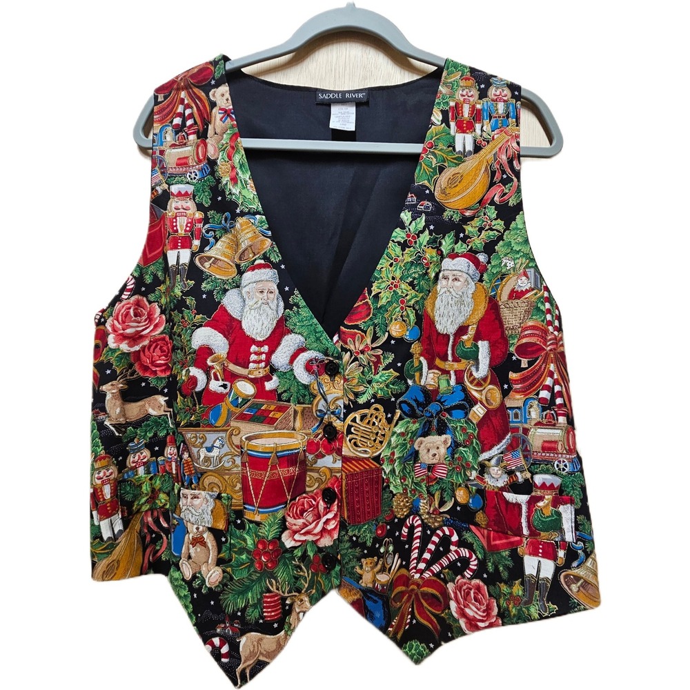 90s Vintage Saddle River Christmas Santa & Toys Holiday Print V-Neck Vest Size L